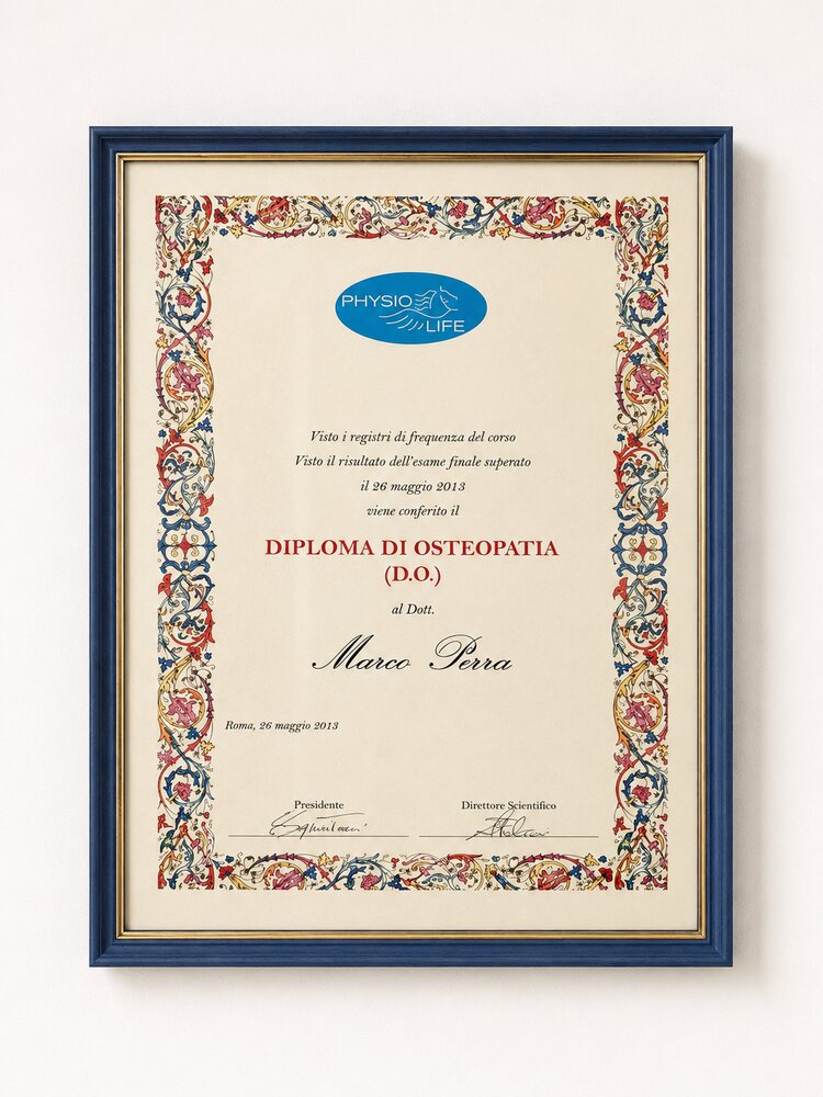 Diploma in Osteopathy (D.O.) awarded to Marco Perra by Physio Life, Rome, 26 May 2013